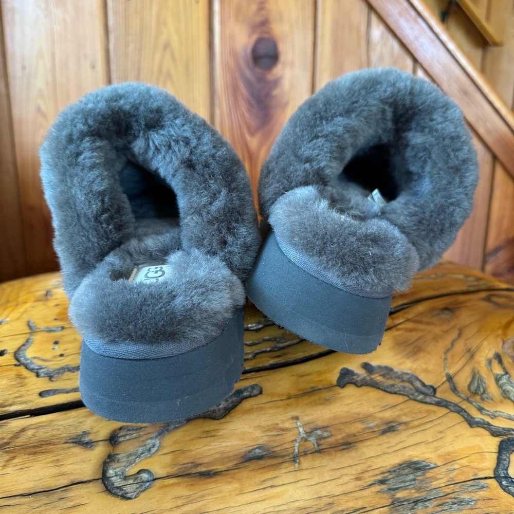 UGG Disquette Platform Shearling Slippers, Suede Fur-Lined Mules, Charcoal Gray - Picture 4 of 6